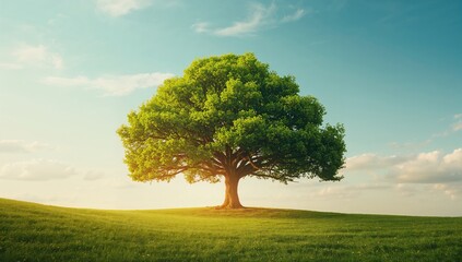 Fototapeta premium Tree with green foliage under open sky, seasonal change
