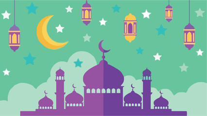 Vibrant purple mosque under starry night sky with crescent moon