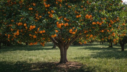 Fototapeta premium Mandarins growing on a tree in natural sunlight, illustrating agricultural practices and fruit ripening
