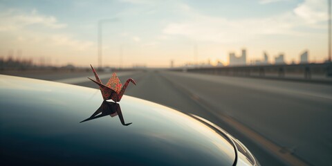 Origami creation set against a soft-focused city view background, emphasizing artistic craftsmanship in an urban setting