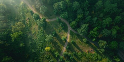 Aerial perspective of a forest path with dappled sunlight highlighting the natural landscape, ideal for environmental or travel design elements