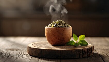 Stevia plant and dried leaves in a wooden cup on a board, highlighting organic sugar substitute for health, World Nutrition Day