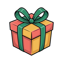 Fototapeta premium Cute cartoon gift box present with green ribbon bow on white background