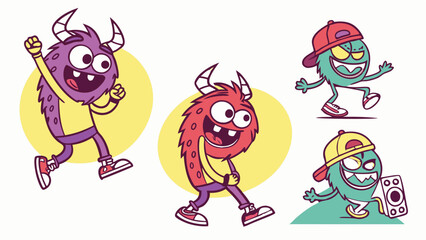 Obraz premium Fun Cartoon Monsters Characters Set Energetic Kids Entertainment Mascot Design For Youth App Web Design