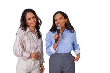 Women delivering a public speech, presenting at a corporate event with a transparent background promoting business communication