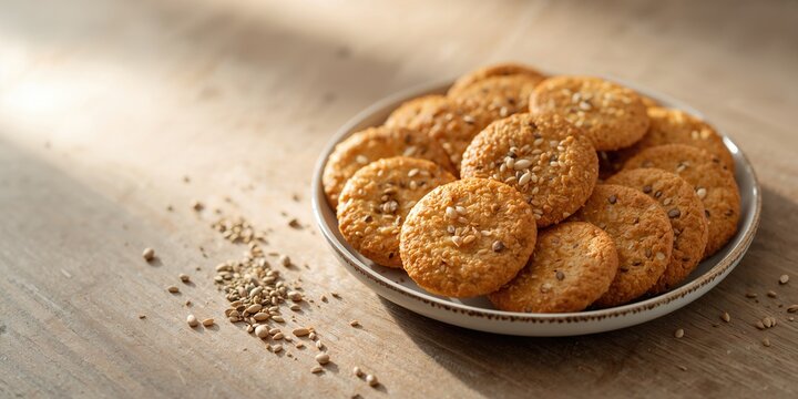 Crackers with mixed seeds arranged on a plate, suitable for a snack or light meal, food and ingredients, neutral context