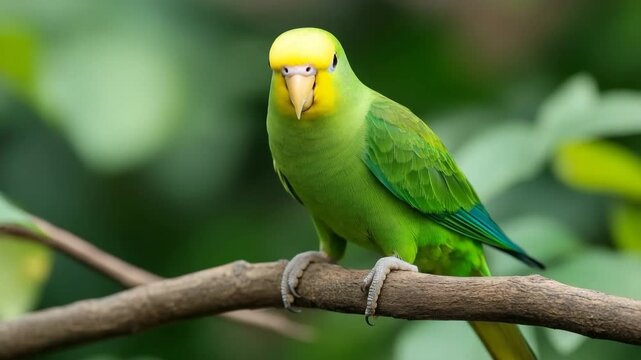Bright green parrot perches on a branch in a lush tropical setting during daylight hours