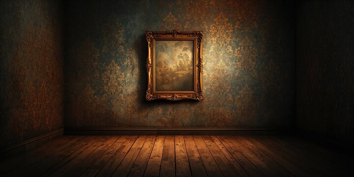 Vintage wallpaper and wooden flooring in a room, suitable for editorial or decorative backgrounds