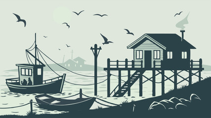 Coastal Fishing Village Scene with Boats and Pier House for Maritime Travel and Seaside Resort Marketing