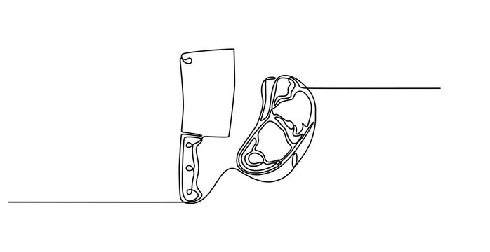 Animated self drawing of   continuous one line drawing of butcher's cleaver and steak vector ,Cleaver icon line continuous drawing vector. One line of butcher knife. Abstract minimal continuous line