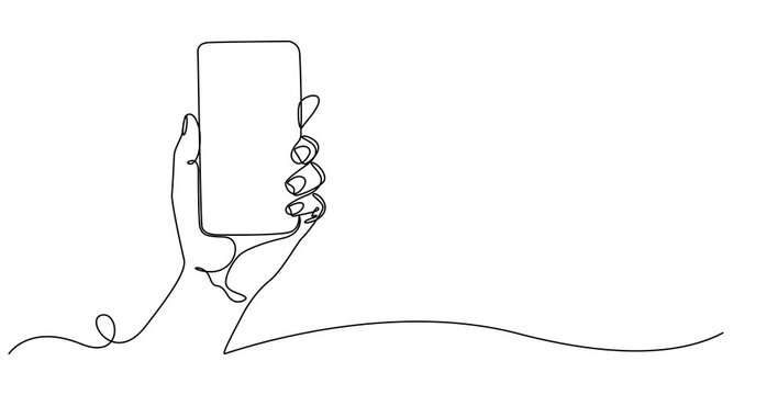 Animated self drawing of  Continuous line drawing of two hands holding a smartphone in a modern minimalistic style, Simple one line art illustration of a person using a mobile phone representing