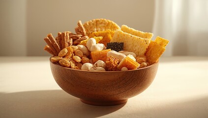 Traditional Japanese snack mix with rice crackers, wasabi, nori, and sesame seeds in a wooden serving bowl, suitable for cultural sampling