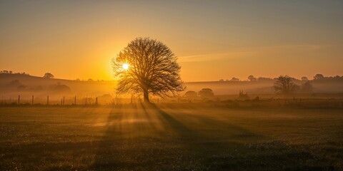 Vibrant gold sunrise illuminating a rural landscape with warm sunlight filtering through trees and mist over a damp meadow, seasonal change