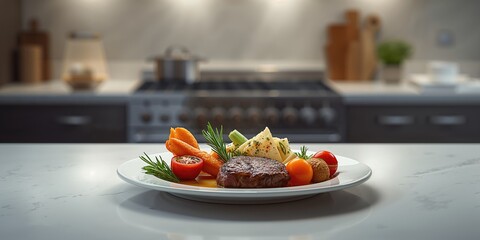 Indoor kitchen environment highlighting cleanliness and organization, urban background, none