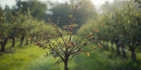Young apple tree branches affected by bacterial burn in the garden, orchard disease concern