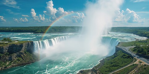 Naklejka premium Helicopter shot over Niagara Falls highlighting the Canadian Falls, illustrating natural erosion processes