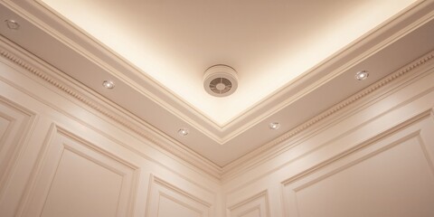 Ceiling smoke detector and LED lighting fixtures against ornate crown moldings, highlighting home maintenance and safety, National Home Safety Month