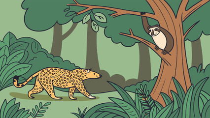 Obraz premium Jungle Predator Leopard Stalks Slow Sloth in Lush Rainforest Canopy for Wildlife Education and Nature Design Projects