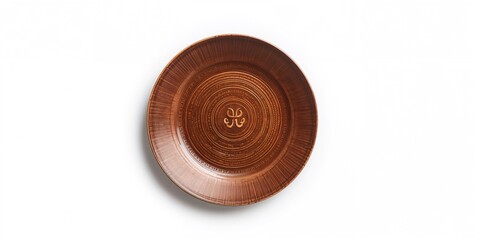 Empty brown ceramic dish featuring a symbol, intended for display or collection on white backdrop