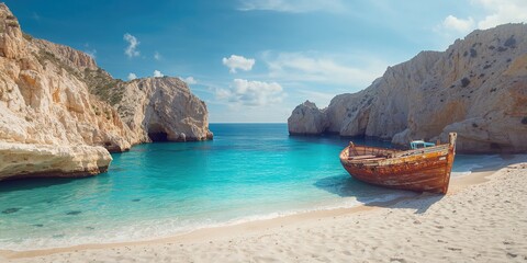 Navagio beach on Zakynthos island, Greece, rugged shoreline with clear blue waters and limestone formations, suitable for travel advertising