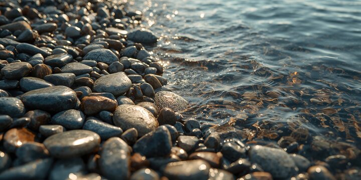 Pebble-covered river edge during afternoon light, ideal for website background or editorial use