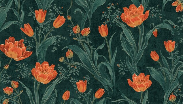 Big flower and foliage design in a seamless pattern on a dark background, ideal for textiles or wallpapers