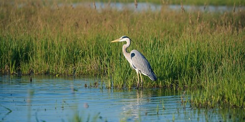 Wetland environment with a heron, highlighting ecological importance