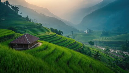 Vietnams rice paddies viewed from a scenic perspective, focusing on seasonal crop cycles