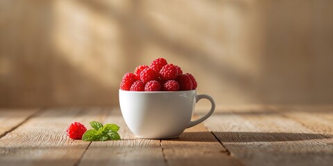 Close-up of fresh raspberries in a white cup on a wooden table, natural textures for food styling backgrounds