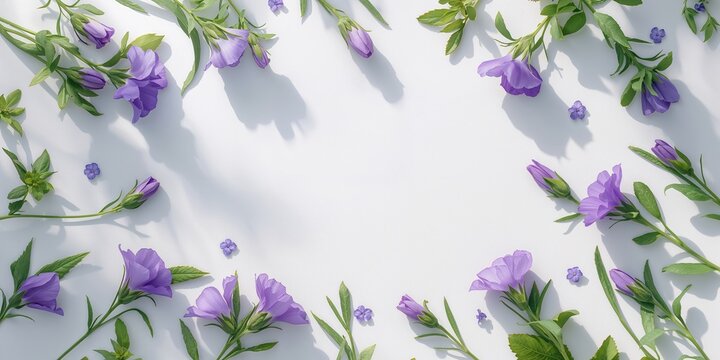 Flat lay of blooming wild violet flowers on a white surface, ideal for botanical backgrounds