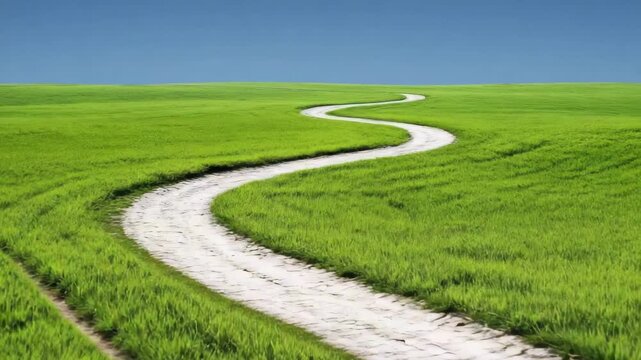 Winding path through green grass fields under blue sky on a sunny day