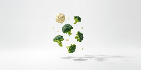 Airborne broccoli and cauliflower against a white backdrop, used as a clean background for food-related content, World Nutrition Week