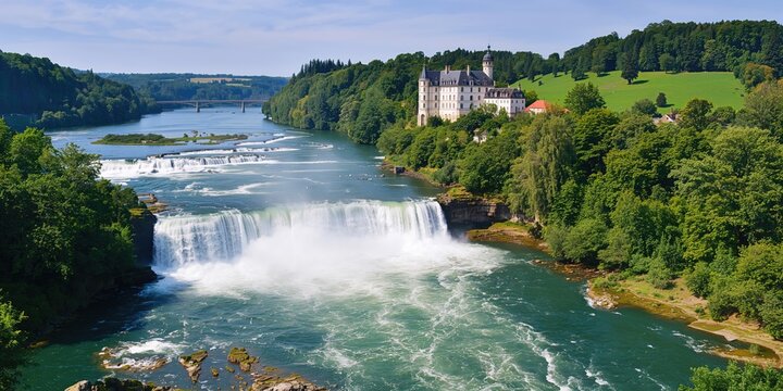 Rhine Falls, Europe's largest waterfall, viewed from the riverbank, natural erosion risk, tourism site