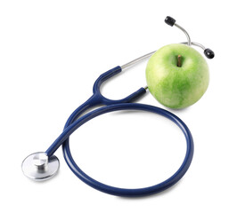 Ripe apple and stethoscope isolated on white