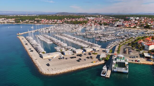 Aerial drone view of Biograd na Moru's Marina Kornati, one of the largest marinas on the Adriatic. Biograd na Moru, Croatia