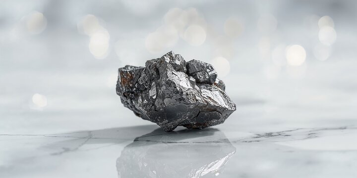 Close-up of a tungsten ore mineral on white marble surface, used for mineral identification, Earth Day