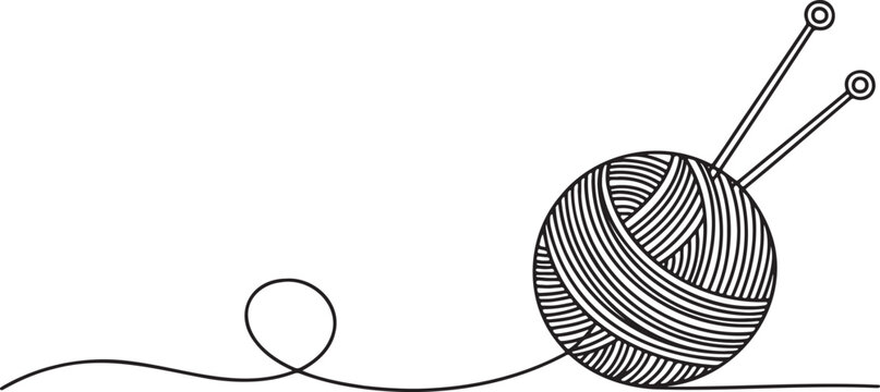 Ball of yarn and knitting needles in continuous line art