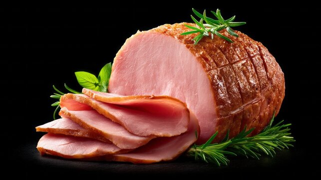 Savory sliced ham beautifully displayed on a dark surface, accentuated with fresh herbs. This tasty meat snack offers a delightful flavor, perfect for any occasion