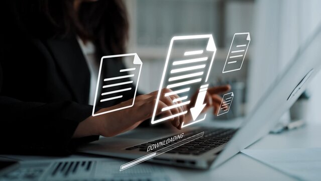 Visual representation of digital document downloading, showing file transfer, data access, and progress status for secure and efficient information retrieval Marrow - Powered by Adobe