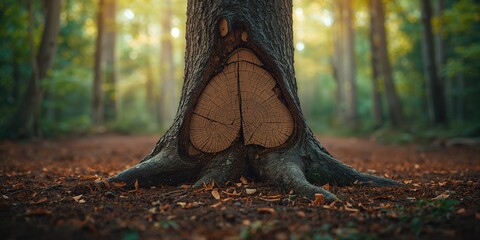 Close-up of beaver gnawing a tree trunk with teeth marks and wood chips, highlighting wildlife activity in a forest