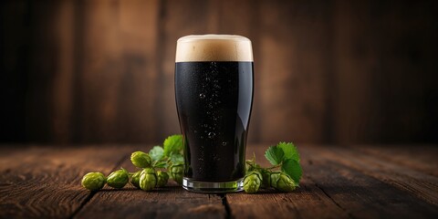A glass of dark beer on a wooden surface with hops, focusing on quality control, Beer Day
