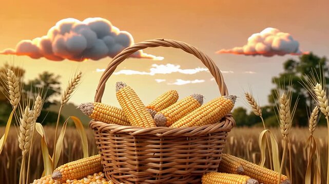 Golden Corn Harvest Basket in Sunset Field.