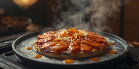 Fototapeta premium Japanese food, Okonomiyaki, Japanese pancakes, prepared with vegetables and batter for a street food setting