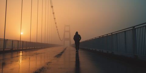 Back view hooded runner jogging modern suspension bridge sunrise misty urban fitness solitude reflective mood