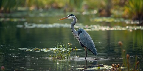 Naklejka premium Great blue heron in North American wetlands, focusing on bird conservation and habitat safety