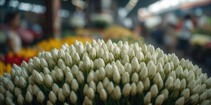 Piled Arabian jasmine blossoms at a Bangkok flower market, serving as a natural backdrop for layout or editorial purposes, World Environment Day