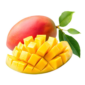 A red mango and half a mango, separated on a transparent background.
