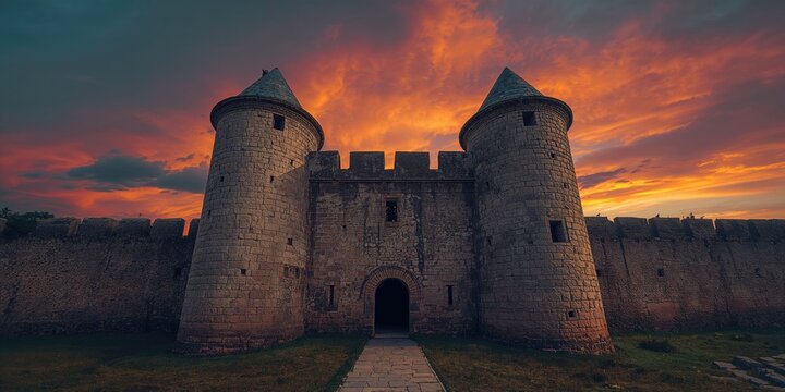Detailed view of ancient fortress ruins highlighting erosion and preservation challenges, seasonal change impact - Powered by Adobe