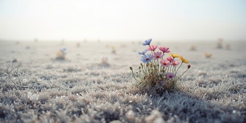 Frost-covered flowers under bright sunlight in a winter landscape, highlighting seasonal transition and natureâ€™s resilience