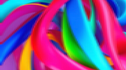 A vibrant, swirling abstract pattern featuring a spectrum of rainbow colors with a distorted striped texture, creating a dynamic visual effect.